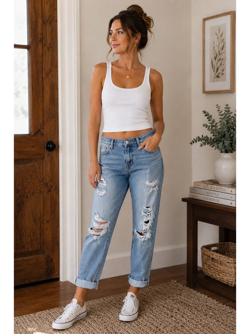 Judy Blue Jeans Womens 9/29 Blue Boyfriend Fit Paint Splatter Distressed Denim